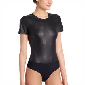 Commando Women's Black Faux Leather Tee Thong Bodysuit Size Medium